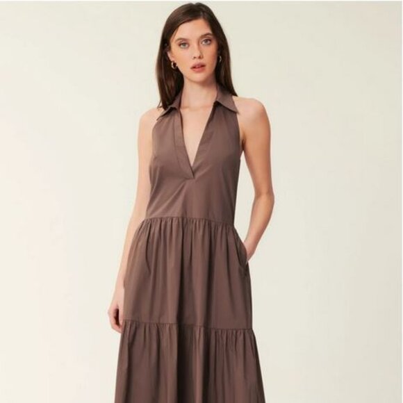 Nicholas Halo Collared Halter Neck Tiered Midi Dress in Mocha, NWT, 0 - Picture 2 of 16